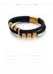 Detail view of 210mm braided black leather bracelet with gold stainless steel hardware