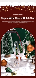Detail of Christmas tree wine glass with festive hand-painted snowflakes and star stem