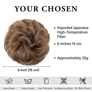 Messy hair bun extension in light brown synthetic fiber with 15cm size specifications