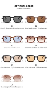Multiple stylish retro small square sunglasses in black, tortoise, and champagne frames