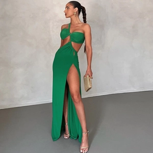 Women Sexy One Shoulder Cutout Maxi Dress High Slit Backless Ruched Bodycon Evening Party Long Dresses