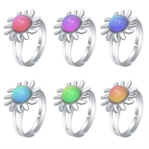 Detail of adjustable silver rings with mood stones showing multiple color changes