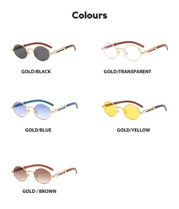 Close-up of oval sunglasses set featuring wood grain temples and colorful gradient lenses