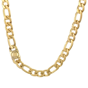 Polished golden stainless steel Figaro chain necklace with a unique clasp on white background
