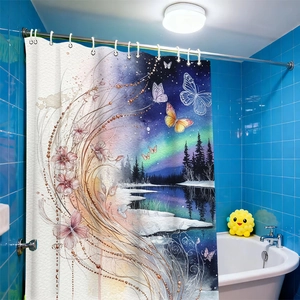 Artistic waterproof shower curtain featuring floral patterns and Aurora mountain night scenery