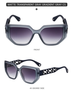 Detailed front and 45-degree side view of matte gray cat eye sunglasses with hollow temples