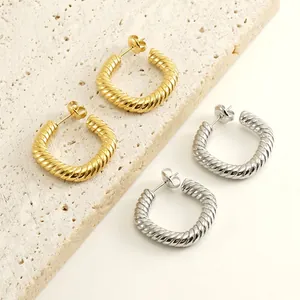Boucles D'oreilles Créoles Torsadées Acier Inoxydable Plaqué Or 18K Texture Croissant Spirale Style INS Rétro Femmes