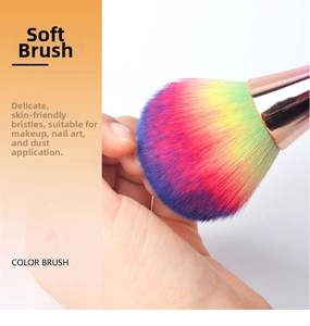 Detailed macro view showing soft rainbow gradient bristles of the makeup powder brush