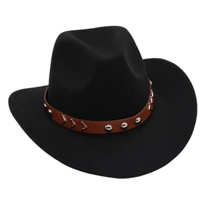 Detail of black felt cowboy hat with studded brown leather band and metallic V-accents