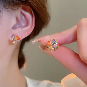 Colorful crystal flower stud earrings with silver needles for a fresh and elegant look