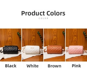 Detailed view of quilted cylinder crossbody bags in black, white, brown, and pink colors
