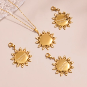 Golden sun-shaped MOM necklace with zircon pendants and engraved lucky star quotes