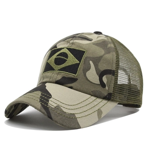 Detail of camouflage baseball cap with breathable mesh and Brazilian flag embroidery