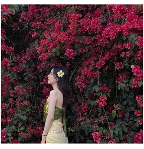 Frangipani hair clip shown on model in tropical resort outfit with floral background