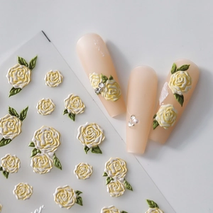 5D embossed rose nail stickers with yellow flowers and green leaves for nail art decoration