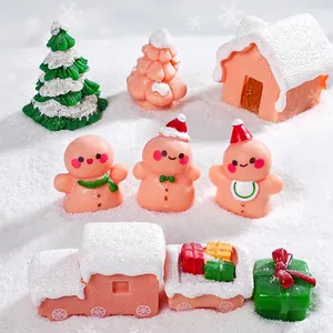 Miniature Christmas Figurines Resin Gingerbread Man Snow House Train Micro Landscape DIY Desktop Ornaments Pink Festive