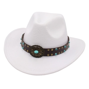 White felt western cowboy hat with turquoise leather band and vintage metal buckle