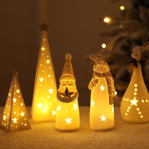 Christmas Ceramic Glowing Ornaments LED Night Light Hollow Star Snowman Santa Claus Reindeer Desktop Festive Decor