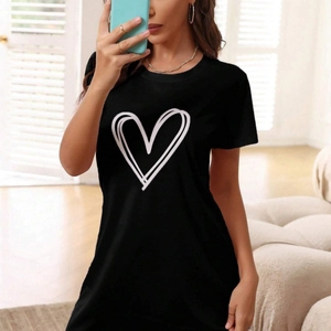Women's black short sleeve nightgown with heart print, comfortable loose home dress