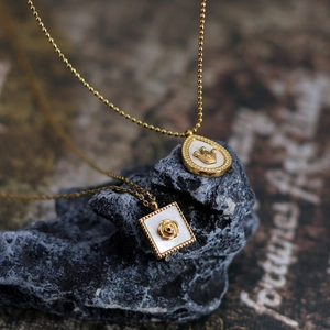 Vintage Rose Flower Crown Pendant Necklace Titanium Steel With Mother Of Artificial Pearl Inset 18K Gold Plated For Women
