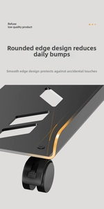 Detail of the rounded edge design on a black PC tower stand with smooth swivel casters