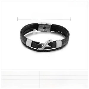 Detail view of infinity symbol on multi-layer braided leather bracelet with dimensions