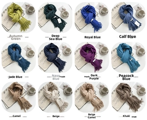 Detailed grid of soft pashmina-feel scarves in 12 solid colors with elegant fringe trim