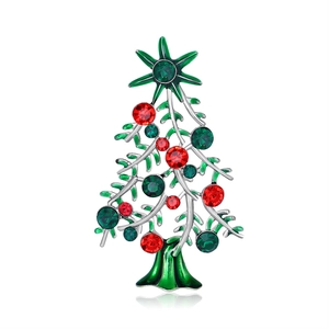 Sparkling Christmas tree brooch with red and green crystals on silver alloy base