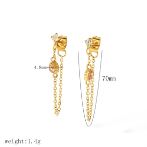 Detail view of 70mm gold tassel earrings with colorful cubic zirconia and dimensions
