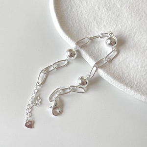 925 Sterling Silver Bracelet For Women Minimalist Round Bead Paperclip Link Chain With Heart Charm Adjustable