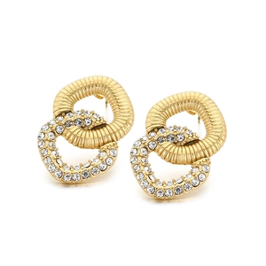 Elegant gold-tone intertwined square earrings with white rhinestones on white backdrop