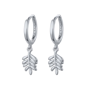 S925 sterling silver hoop earrings with elegant feather leaf charms on white background