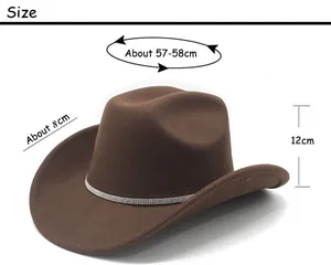 Size chart showing 57-58cm circumference and 8cm brim for western felt fedora hat