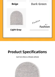 Detail view of knitted beanie hats in beige, dark green, and light grey color options