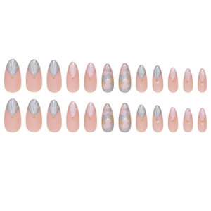 Nude pink almond press-on nails with silver glitter shell and marble 24pcs set