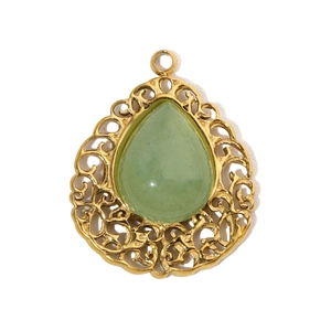 Detail of tear-shaped green natural stone pendant with gold镂空 filigree metal frame