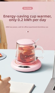 Detail of pink smart cup warmer with LED display showing temperature and 20W energy saving