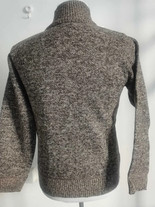 Back view of a men's brown fleece-lined knit cardigan featuring a stand collar and ribbed hem