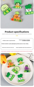 Macro details of cartoon vegetable acrylic brooches featuring funny creative designs