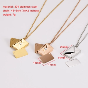 Detailed size specifications for stainless steel envelope necklace in three finishes