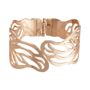 Elegant gold hollow leaf pattern wide open bangle bracelet with spring hinge for women