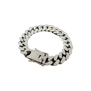 Sparkling punk Cuban chain bracelet with silver finish and pavé-set clear stones