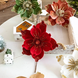 Velvet Poinsettia Christmas flower decoration with gold glitter in assorted colors