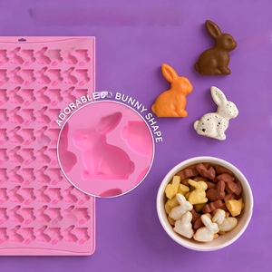 Pink silicone baking mold with mini 3D bunny shapes for chocolate and candy making