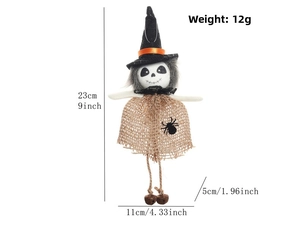 Detail view of skeleton doll with burlap skirt and dimensions for Halloween decor