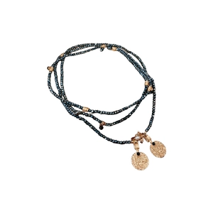Vintage multi-layer beaded long necklace with embossed gold coin pendant on white background