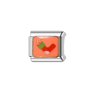 Stainless steel bracelet charm featuring a red Christmas stocking with enamel detail
