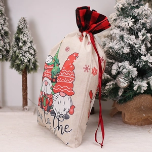 Three gnomes beige burlap Christmas gift bag with festive red and black plaid drawstring