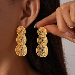 Hollow Mesh Geometric Triple Circular Copper Earrings With 925 Sterling Silver Earring Post Vintage Style Women