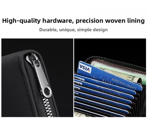 Detailed macro view of the multi-slot accordion card organizer with smooth metal zipper